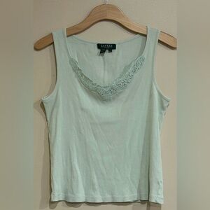 Lauren Ralph Lauren Lace Tank Mint Green Size Petite Large Preppy Ribbed VNeck